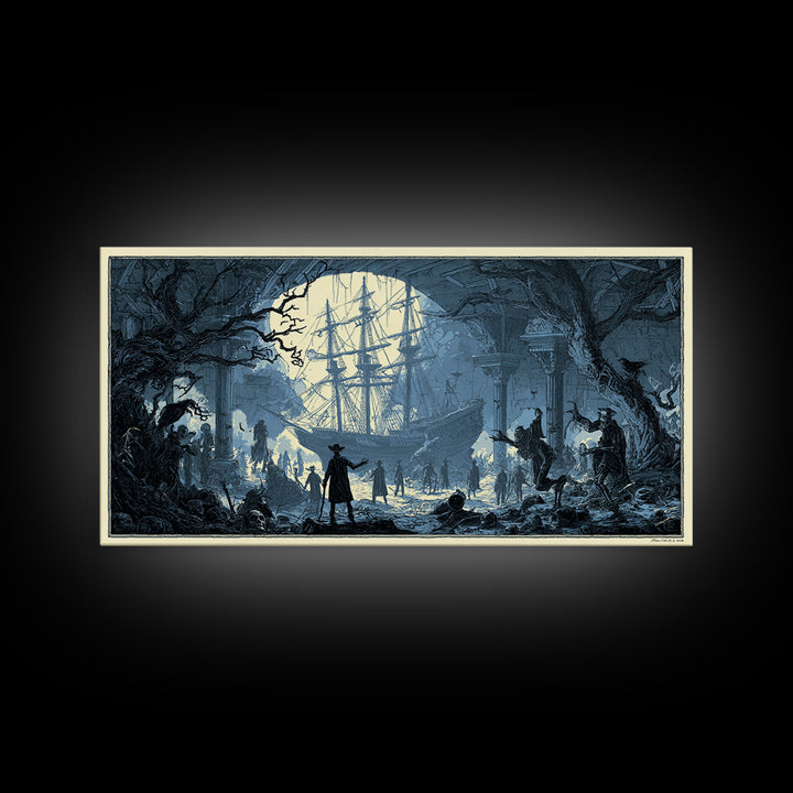 The Shipwreck Cove, Macabre Folk Print Art, Wide Panoramic Art, Macabre Wall Art, Framed Canvas Print, Halloween Wall Art