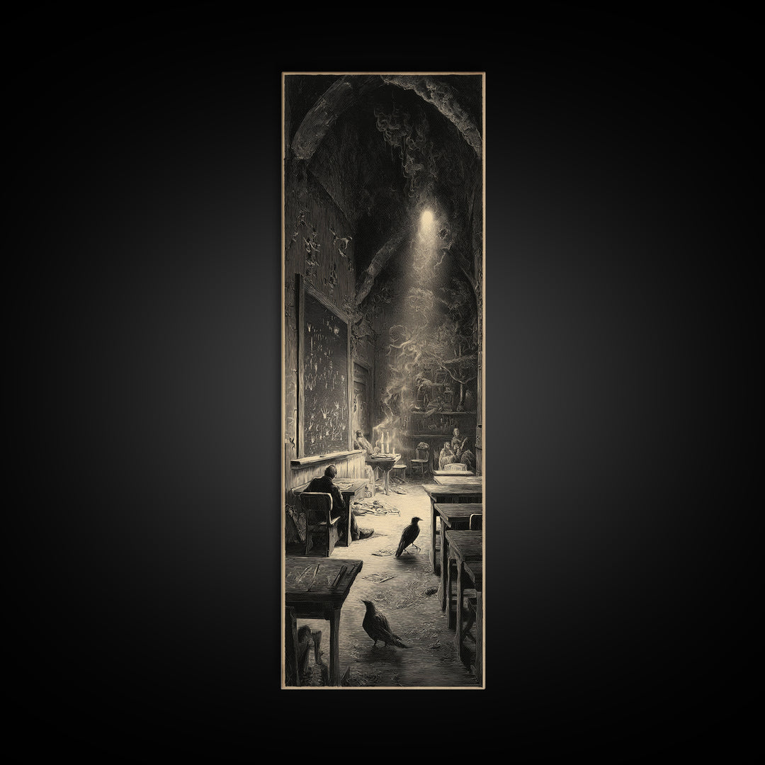 The Silent Schoolhouse, Gothic Engraving Art, Tall Narrow Wall Art, Gothic Horror Wall Art, Framed Canvas Print, Halloween Wall Art