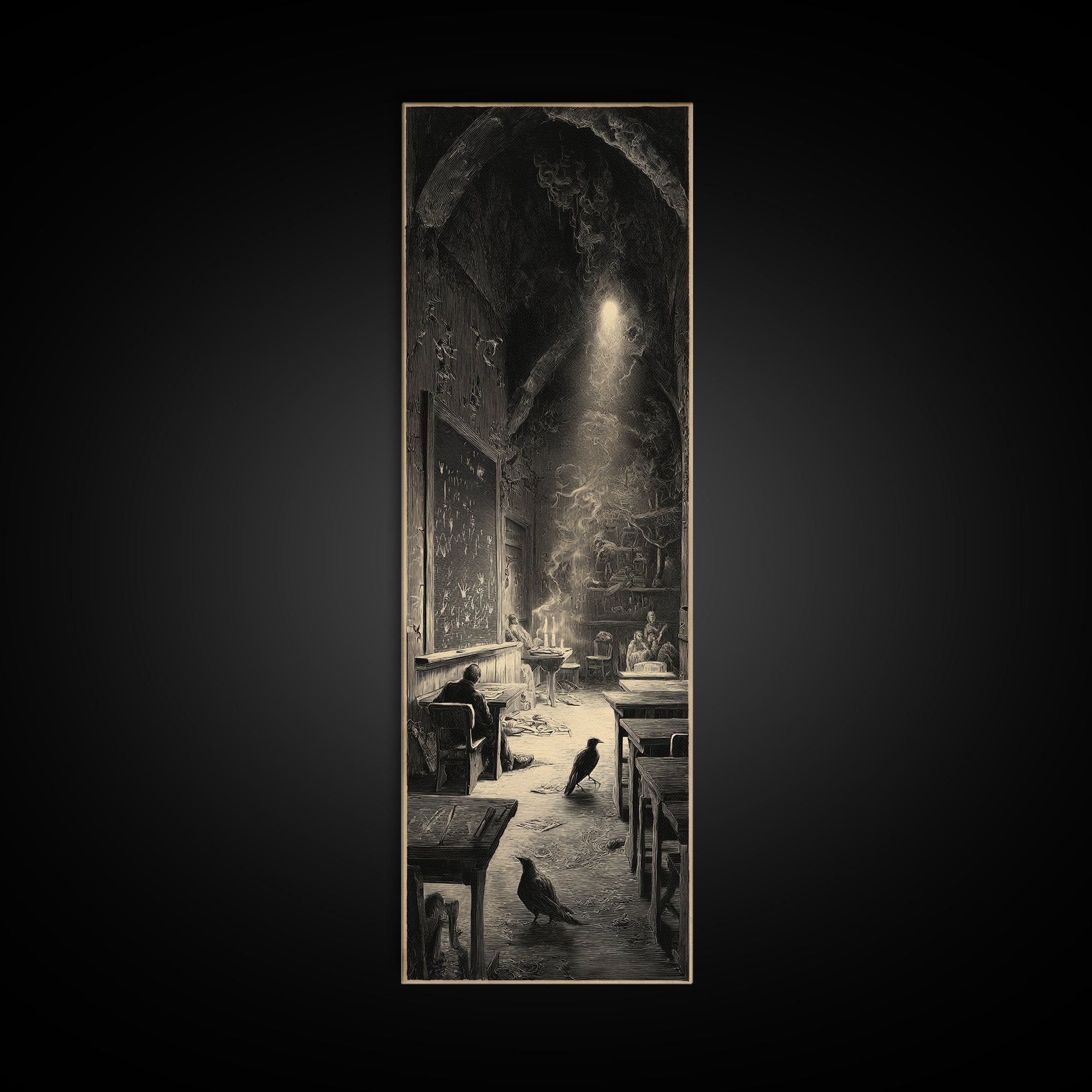 The Silent Schoolhouse, Gothic Engraving Art, Tall Narrow Wall Art, Gothic Horror Wall Art, Framed Canvas Print, Halloween Wall Art