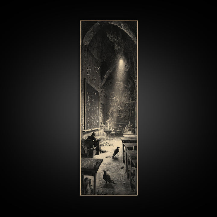 The Silent Schoolhouse, Gothic Engraving Art, Tall Narrow Wall Art, Gothic Horror Wall Art, Framed Canvas Print, Halloween Wall Art