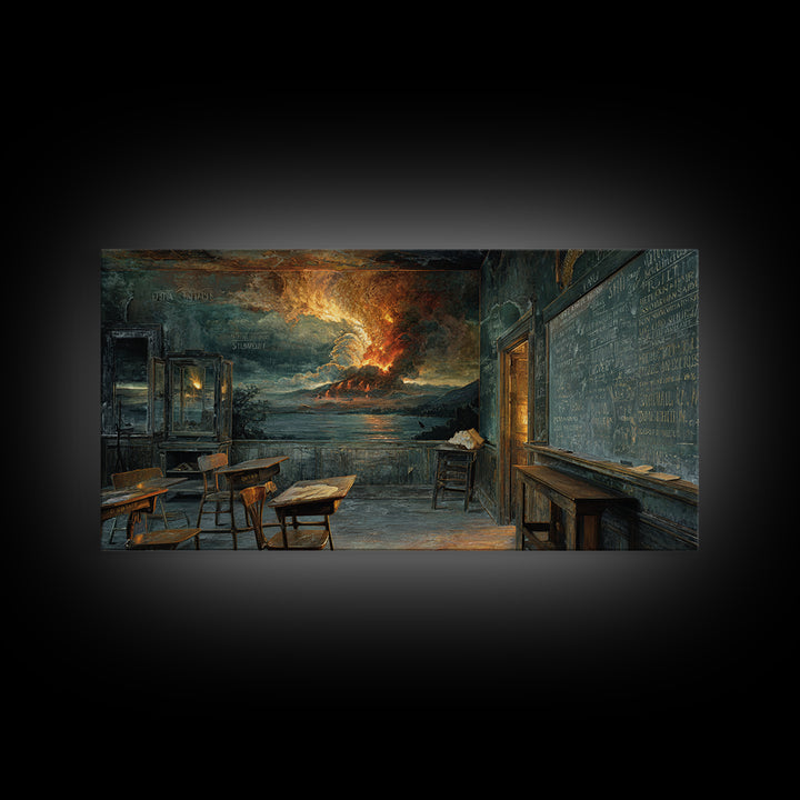 The Silent Schoolhouse, Apocalyptic Romantic Art, Wide Panoramic Art, Dark Halloween Decor, Framed Canvas Print, Halloween Wall Art