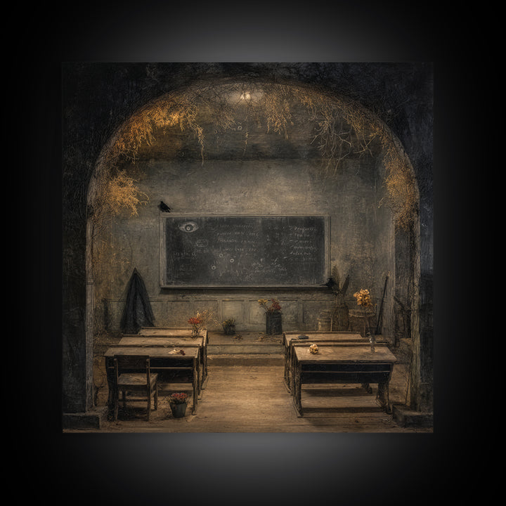The Silent Schoolhouse, Symbolist Dream Art, Square Wall Art, Dark Halloween Decor, Framed Canvas Print, Halloween Wall Art
