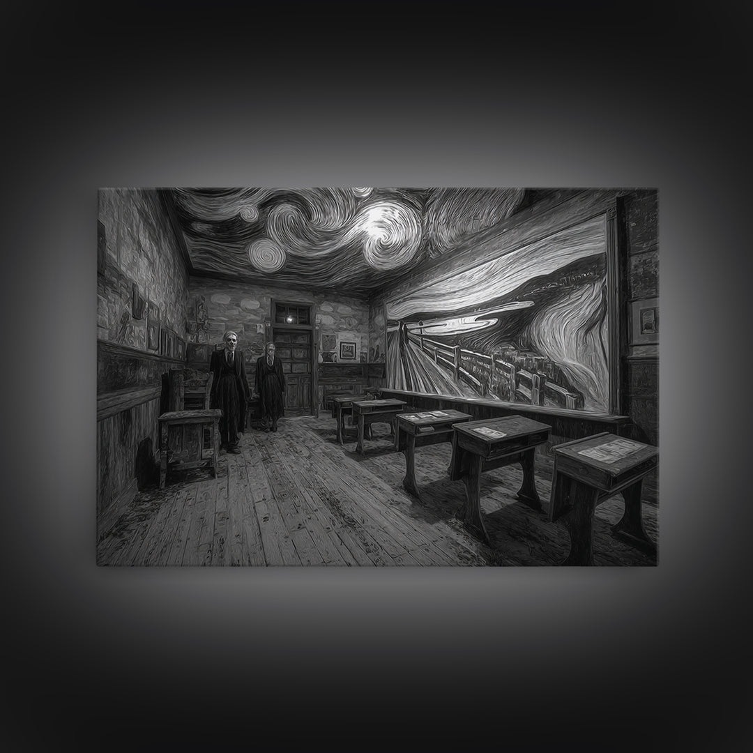 The Silent Schoolhouse, Expressionist Gothic Art, Landscape Wall Art, Dark Halloween Decor, Framed Canvas Print, Halloween Wall Art