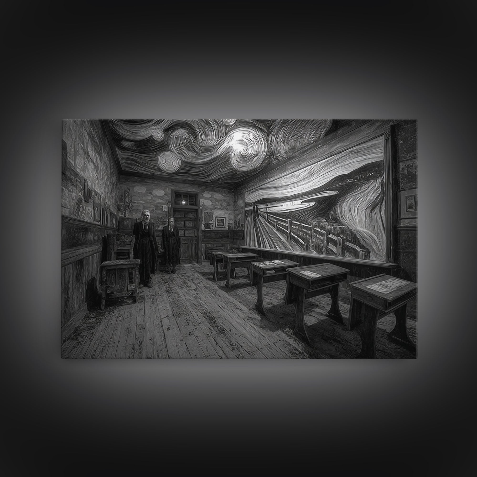 The Silent Schoolhouse, Expressionist Gothic Art, Landscape Wall Art, Dark Halloween Decor, Framed Canvas Print, Halloween Wall Art