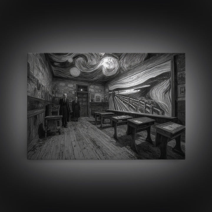 The Silent Schoolhouse, Expressionist Gothic Art, Landscape Wall Art, Dark Halloween Decor, Framed Canvas Print, Halloween Wall Art
