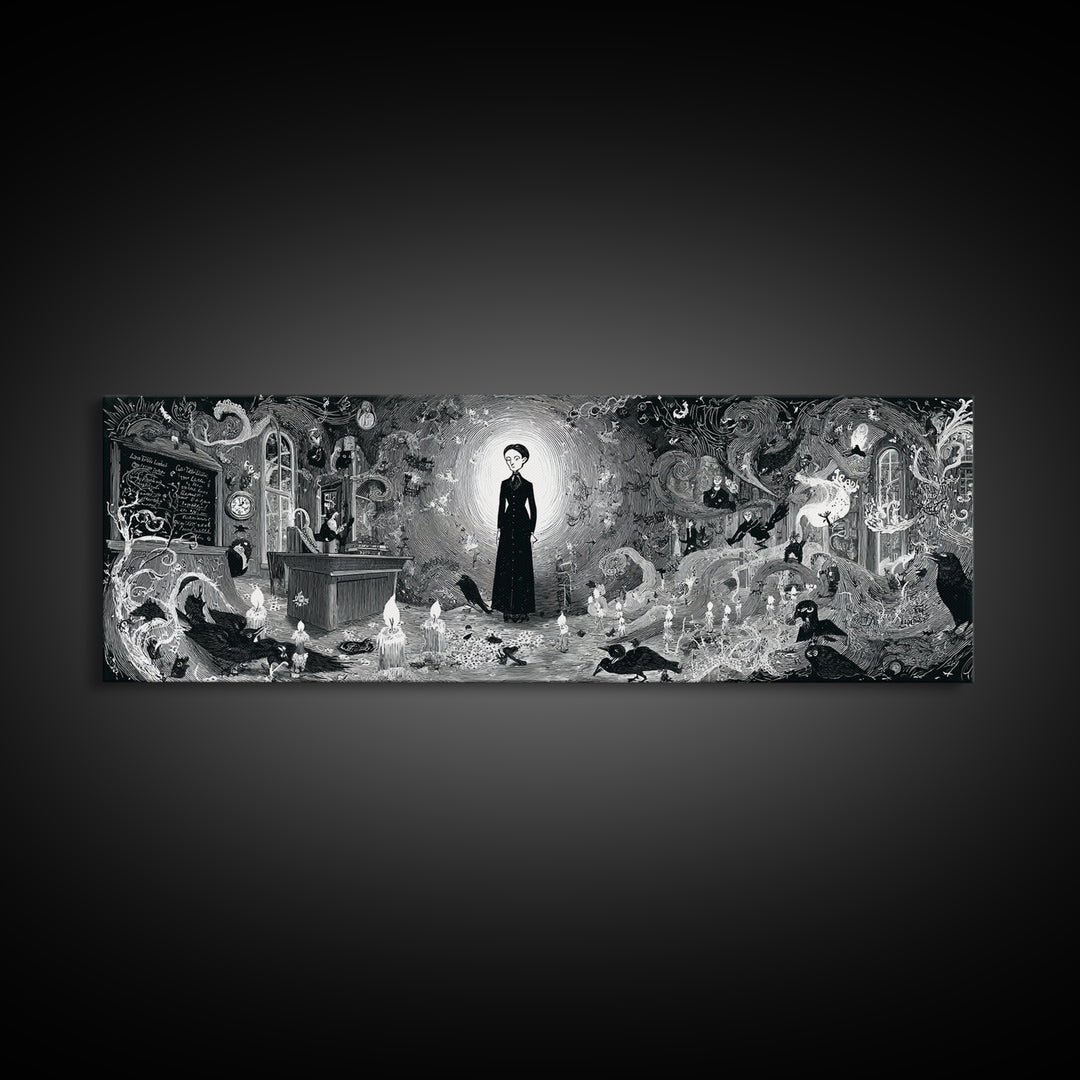 The Silent Schoolhouse, Decadent Line Art, Extra Wide Wall Art, Macabre Wall Art, Canvas Print, Halloween Wall Art