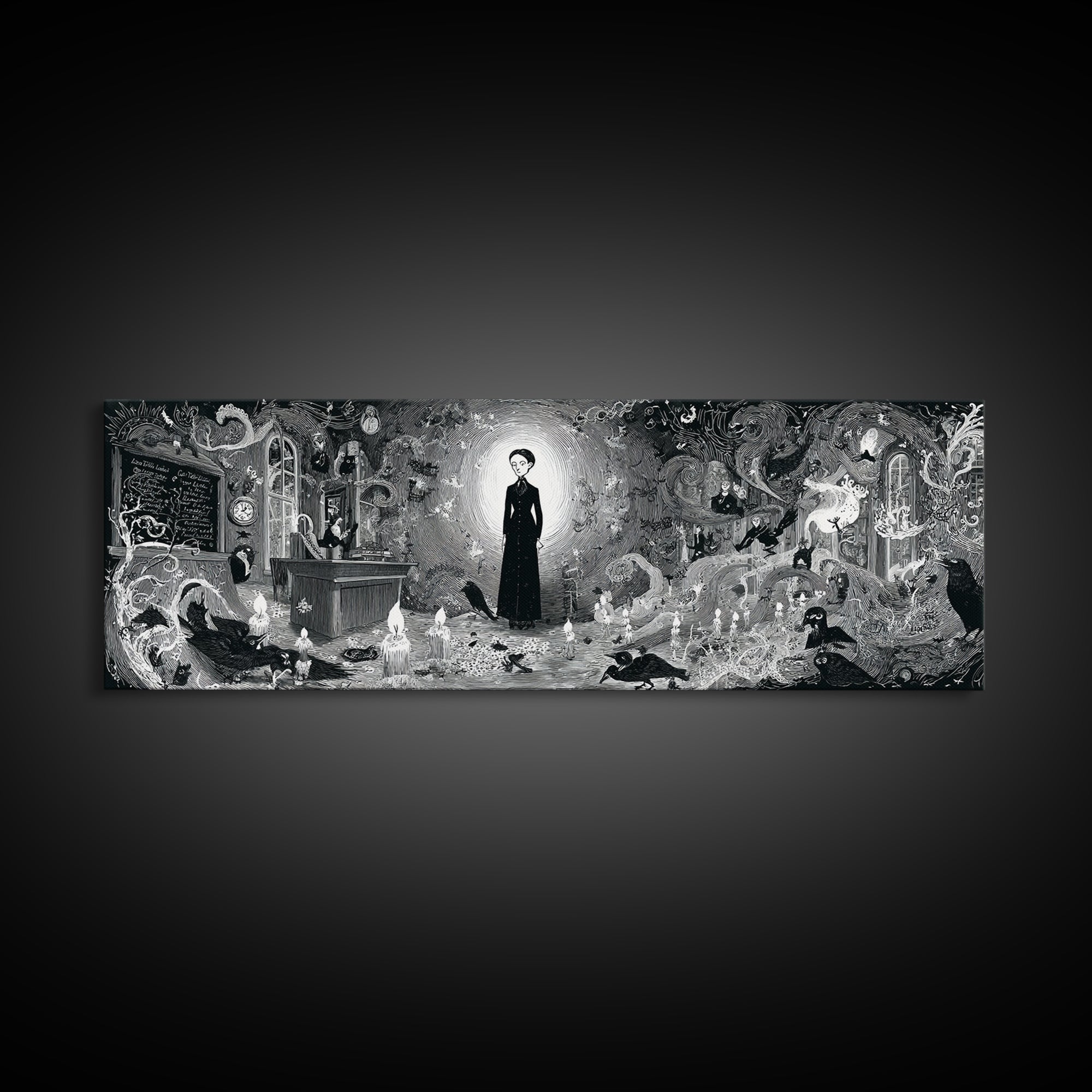 The Silent Schoolhouse, Decadent Line Art, Extra Wide Wall Art, Macabre Wall Art, Canvas Print, Halloween Wall Art