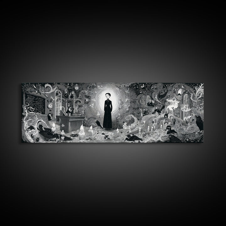 The Silent Schoolhouse, Decadent Line Art, Extra Wide Wall Art, Macabre Wall Art, Canvas Print, Halloween Wall Art