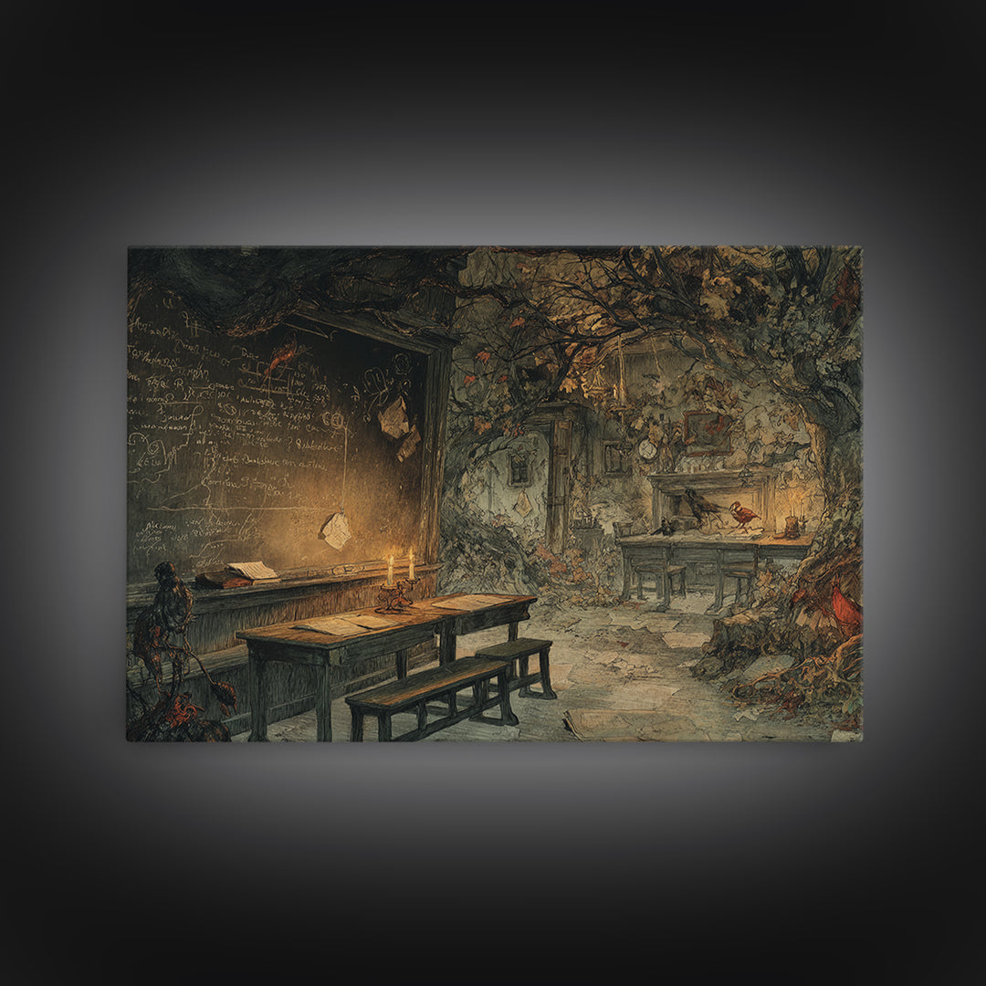 The Silent Schoolhouse, Gothic Storybook Art, Landscape Wall Art, Gothic Horror Wall Art, Framed Canvas Print, Halloween Wall Art