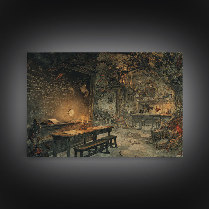 The Silent Schoolhouse, Gothic Storybook Art, Landscape Wall Art, Gothic Horror Wall Art, Framed Canvas Print, Halloween Wall Art
