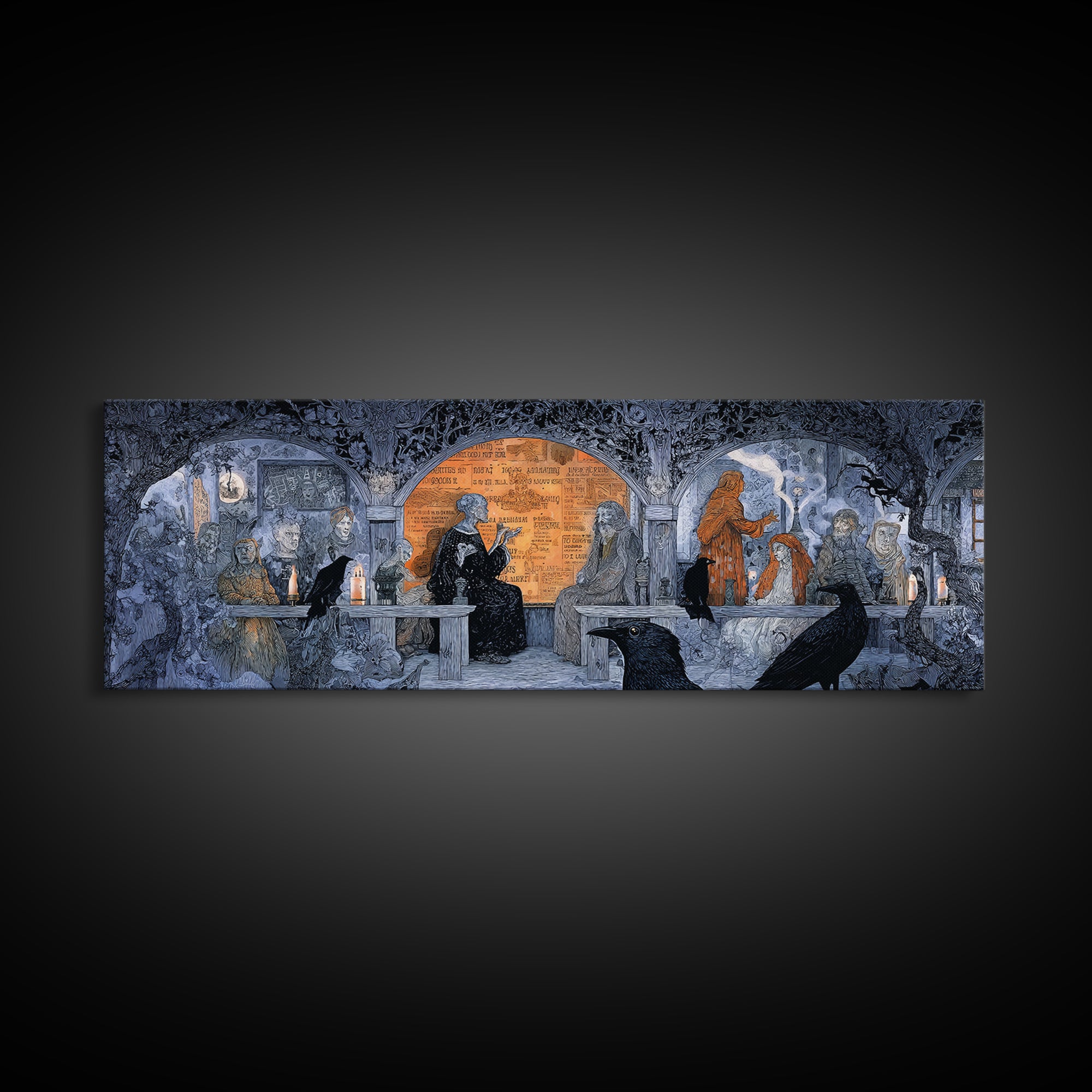 The Silent Schoolhouse, Stained Glass Gothic Art, Extra Wide Wall Art, Dark Fantasy Wall Art, Framed Canvas Print, Halloween Wall Art