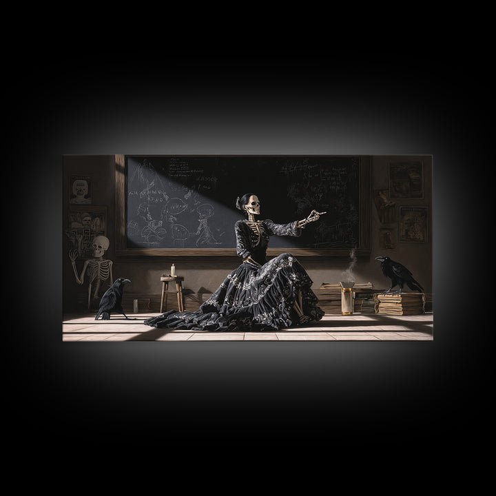 The Silent Schoolhouse, Macabre Folk Print Art, Wide Panoramic Art, Dark Halloween Decor, Framed Canvas Print, Macabre Wall Art