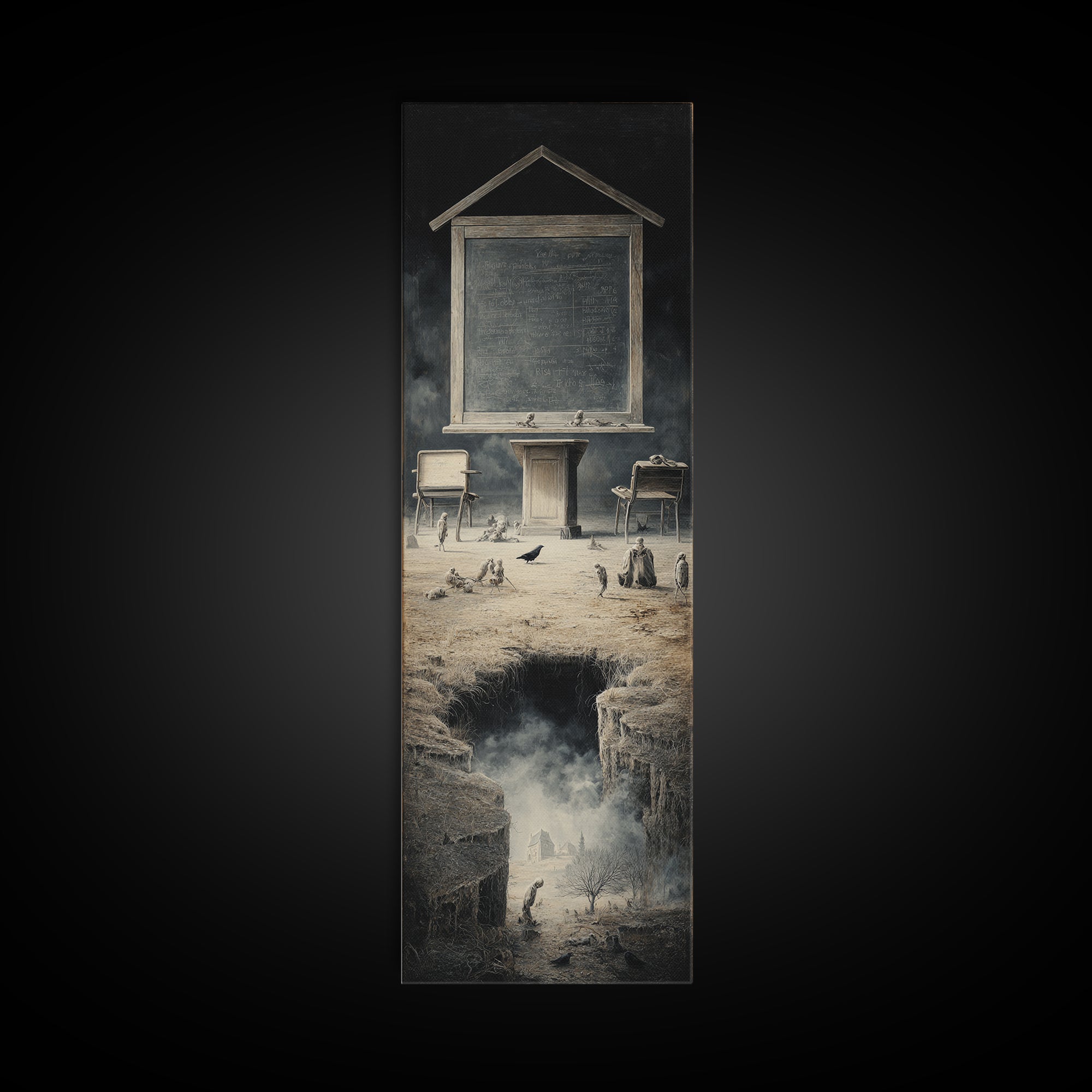 The Silent Schoolhouse, Surreal Apocalyptic Art, Tall Narrow Wall Art, Dark Fantasy Wall Art, Canvas Print, Halloween Wall Art