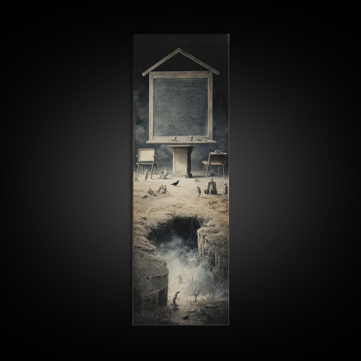 The Silent Schoolhouse, Surreal Apocalyptic Art, Tall Narrow Wall Art, Dark Fantasy Wall Art, Canvas Print, Halloween Wall Art