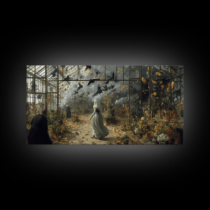 The Cemetery Greenhouse, Northern Renaissance Horror, Wide Panoramic Art, Dark Halloween Decor, Framed Canvas Print