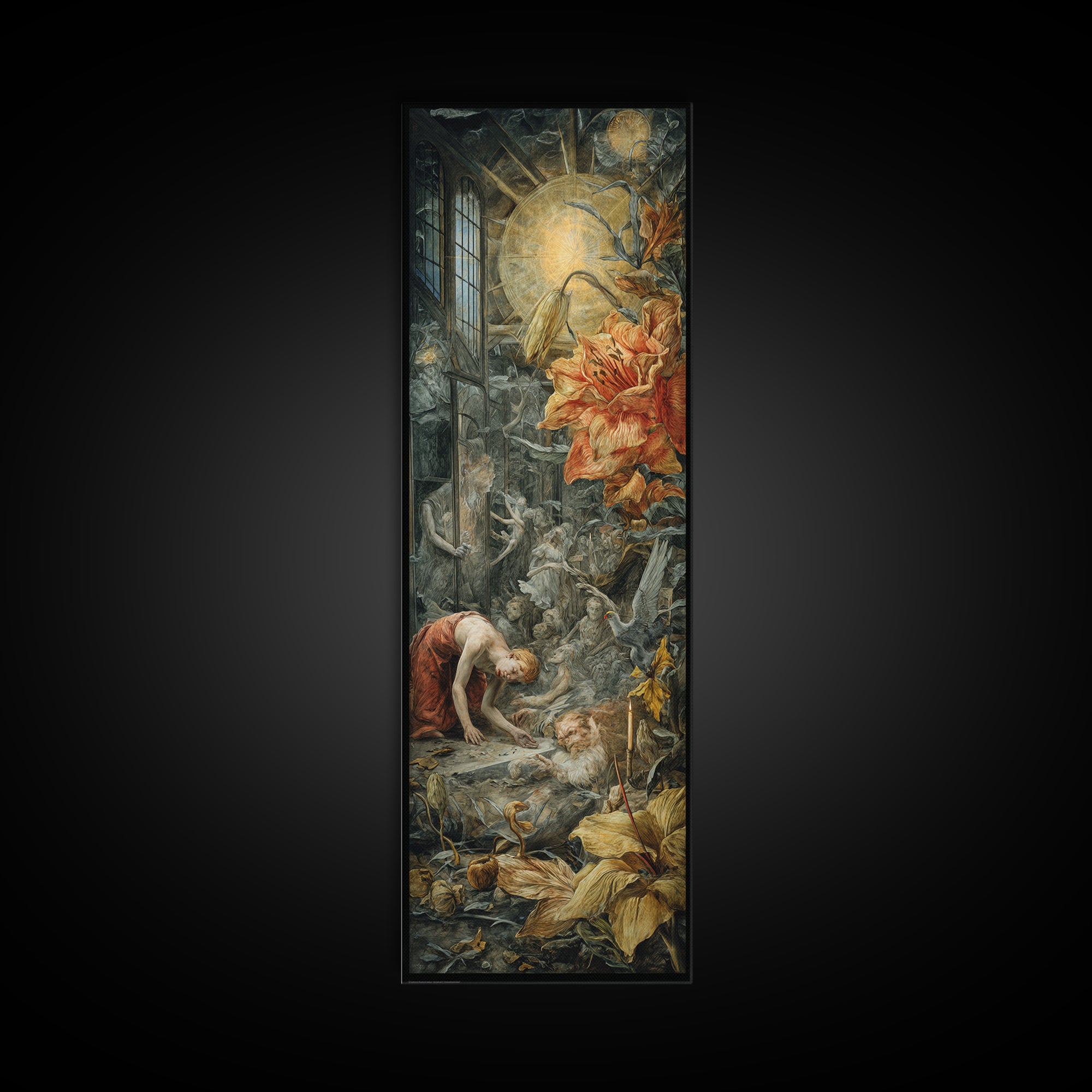 The Cemetery Greenhouse, Dark Renaissance Art, Tall Narrow Wall Art, Dark Fantasy Wall Art, Canvas Print, Halloween Wall Art