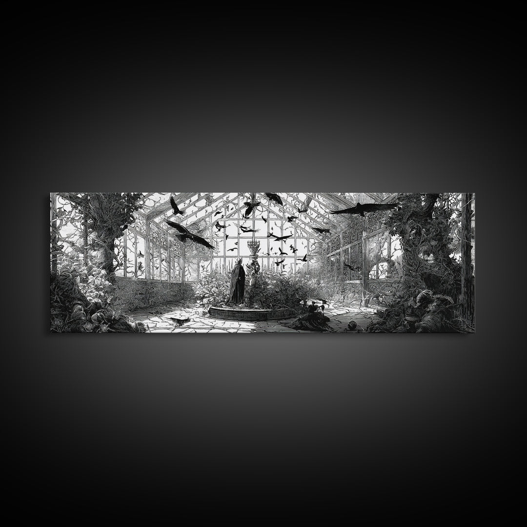 The Cemetery Greenhouse, Renaissance Engraving Art, Extra Wide Wall Art, Dark Fantasy Wall Art, Canvas Print, Halloween Wall Art