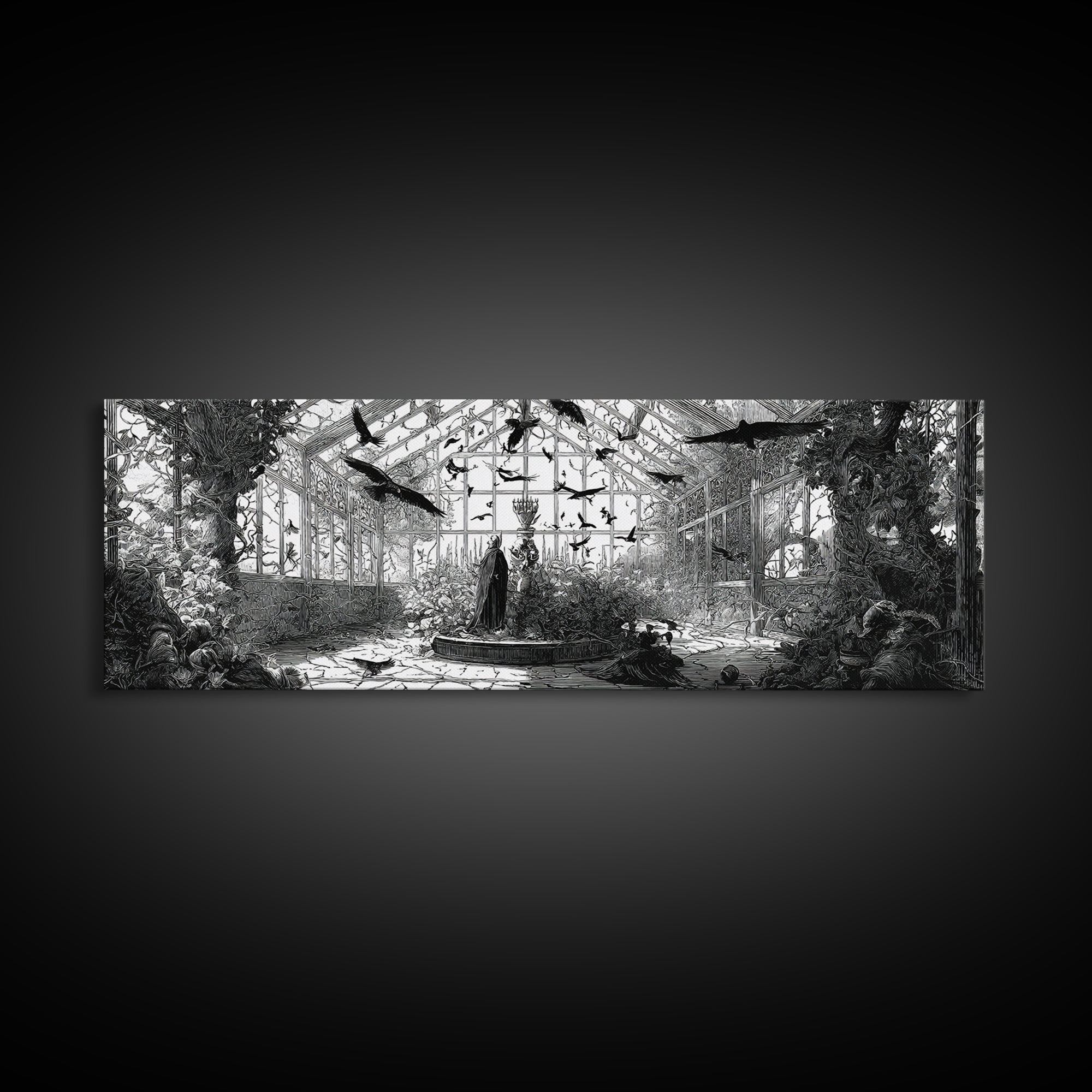 The Cemetery Greenhouse, Renaissance Engraving Art, Extra Wide Wall Art, Dark Fantasy Wall Art, Canvas Print, Halloween Wall Art