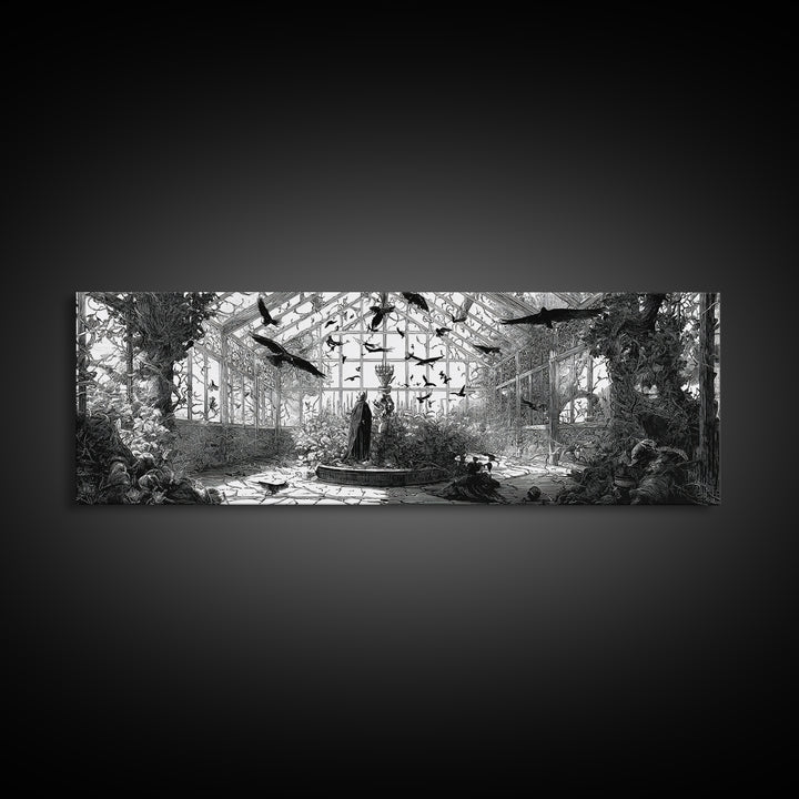 The Cemetery Greenhouse, Renaissance Engraving Art, Extra Wide Wall Art, Dark Fantasy Wall Art, Canvas Print, Halloween Wall Art