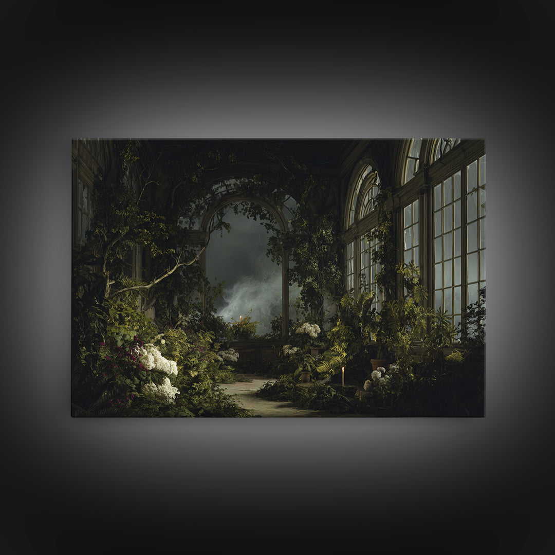 The Cemetery Greenhouse, Baroque Witchcraft Art, Landscape Wall Art, Dark Halloween Decor, Canvas Print, Halloween Wall Art