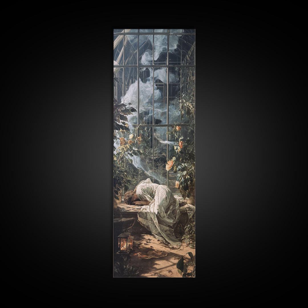The Cemetery Greenhouse, Gothic Nightmare Art, Tall Narrow Wall Art, Dark Fantasy Wall Art, Framed Canvas Print, Halloween Wall Art
