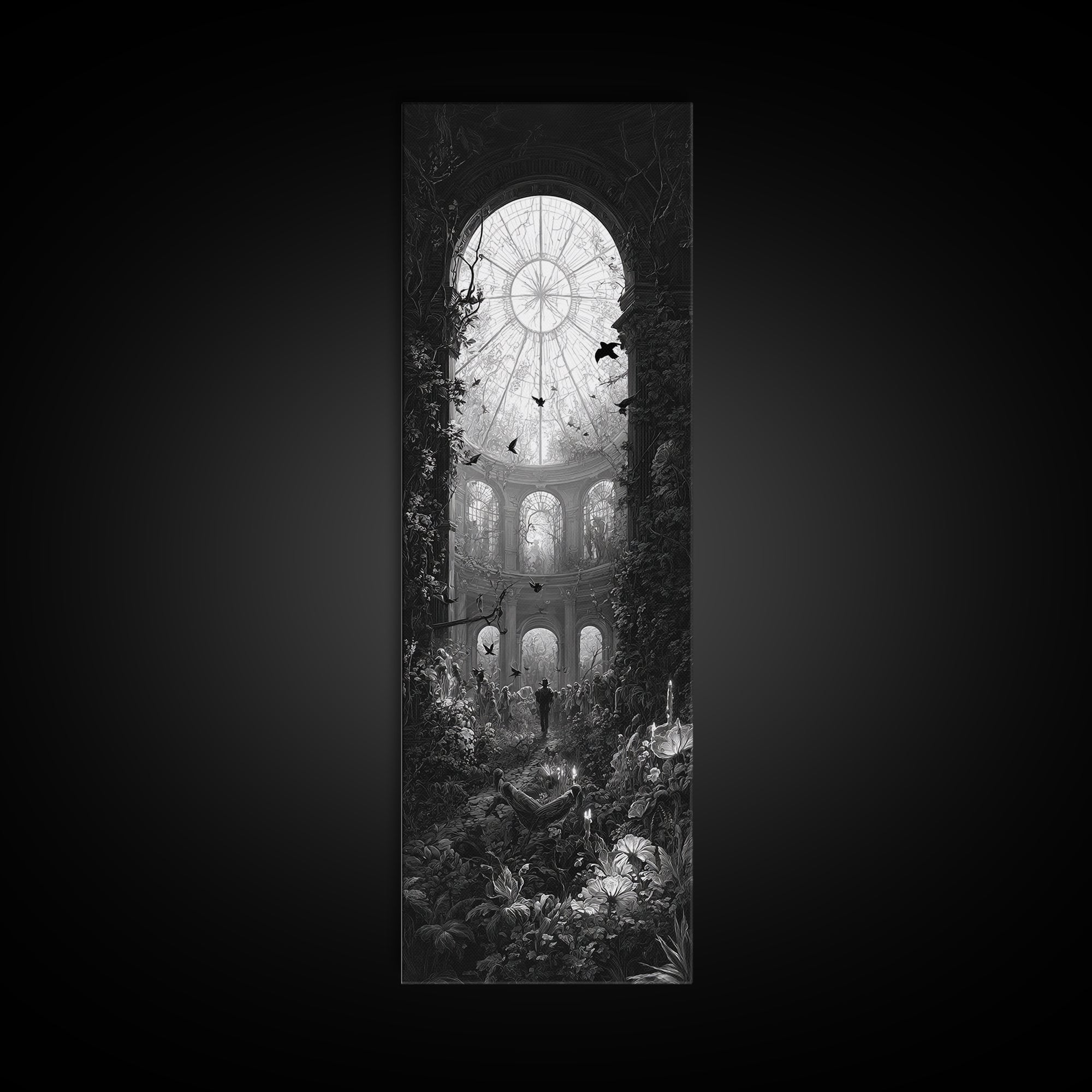 The Cemetery Greenhouse, Architectural Etching Art, Tall Narrow Wall Art, Dark Halloween Decor, Framed Canvas Print