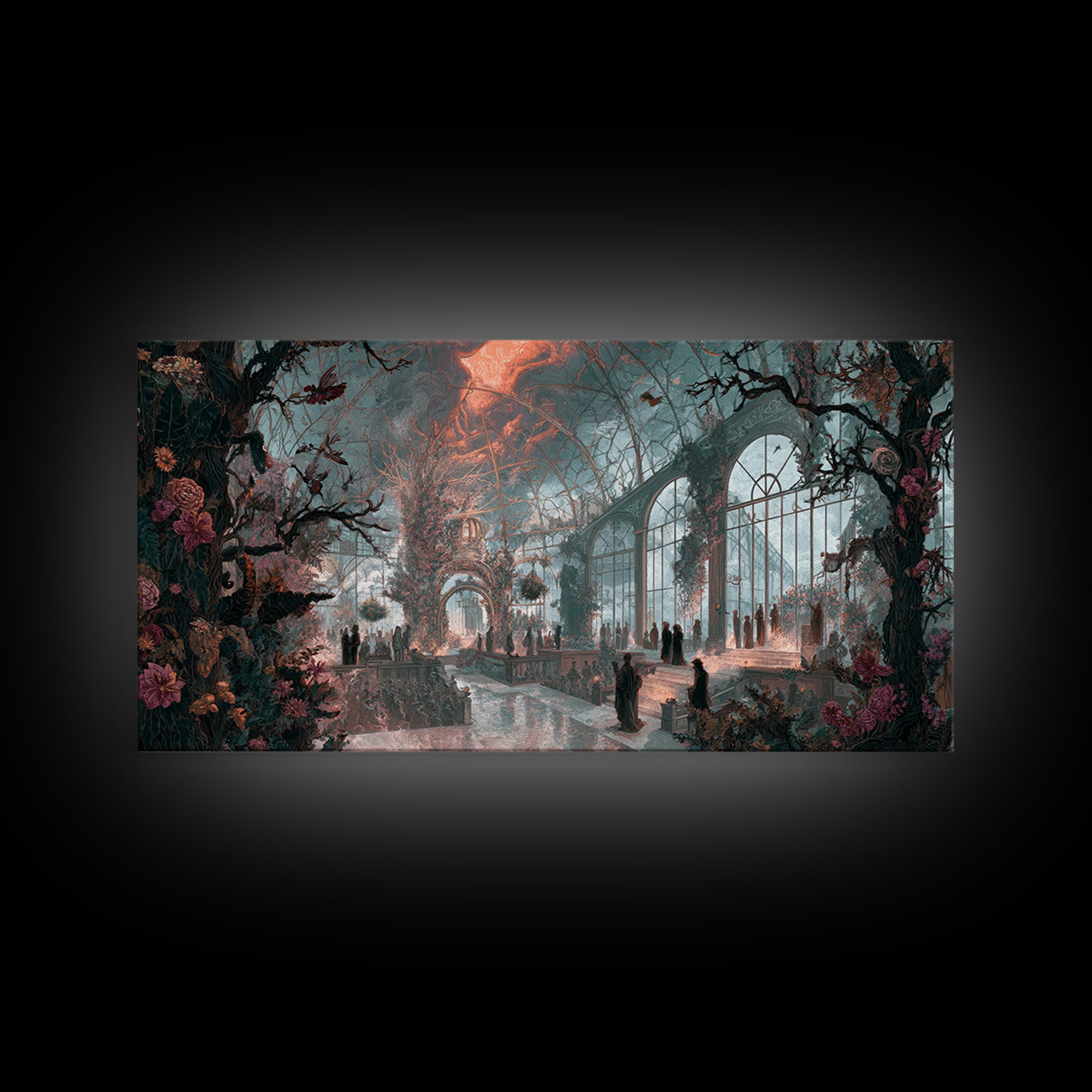 The Cemetery Greenhouse, Apocalyptic Romantic Art, Wide Panoramic Art, Macabre Wall Art, Canvas Print, Halloween Wall Art