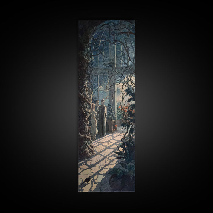 The Cemetery Greenhouse, Dark Symbolist Art, Tall Narrow Wall Art, Dark Halloween Decor, Framed Canvas Print, Halloween Wall Art