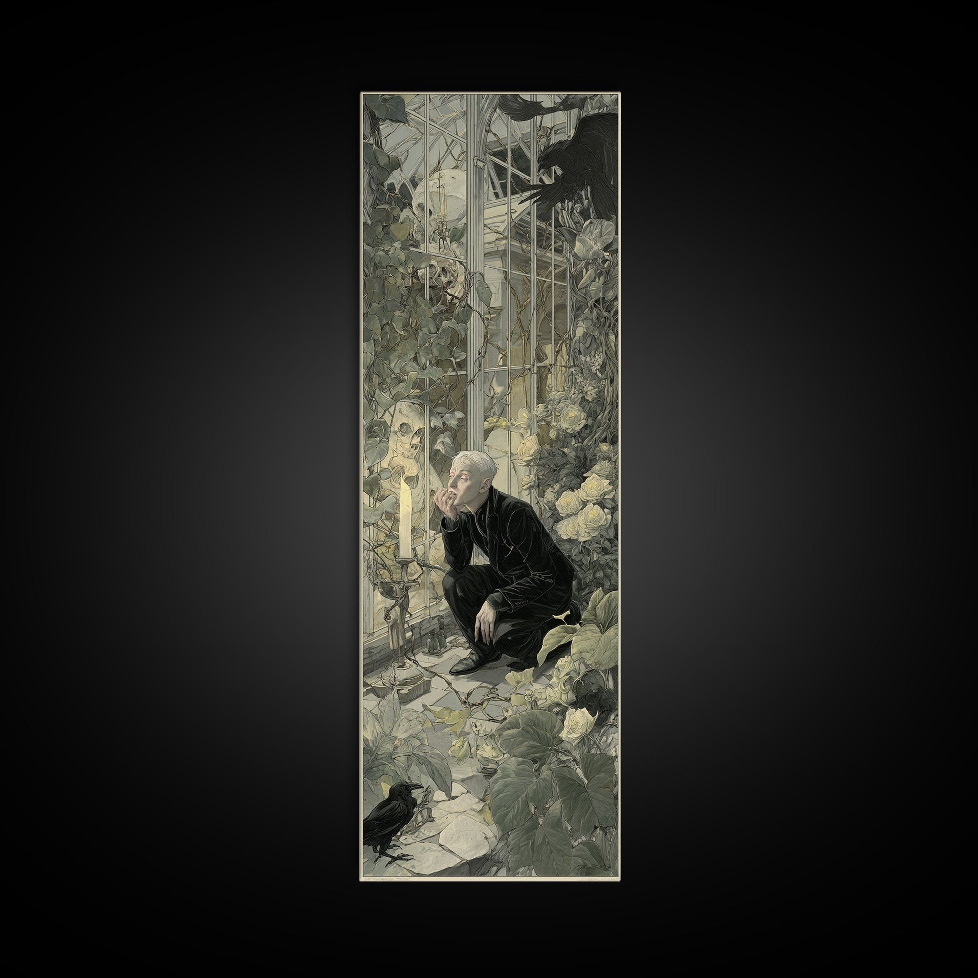 The Cemetery Greenhouse, Symbolist Etching Art, Tall Narrow Wall Art, Dark Fantasy Wall Art, Canvas Print, Halloween Wall Art