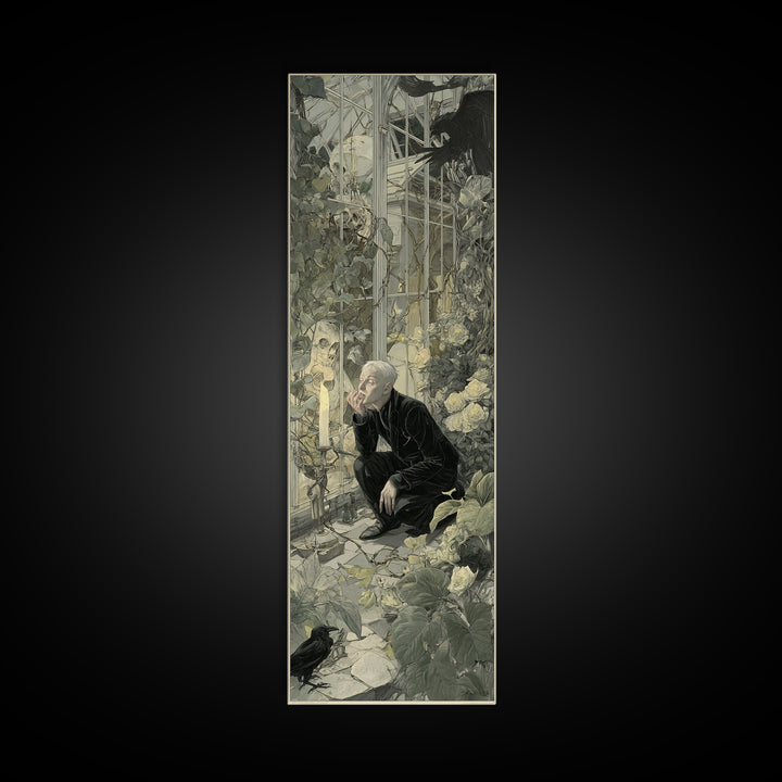 The Cemetery Greenhouse, Symbolist Etching Art, Tall Narrow Wall Art, Dark Fantasy Wall Art, Canvas Print, Halloween Wall Art