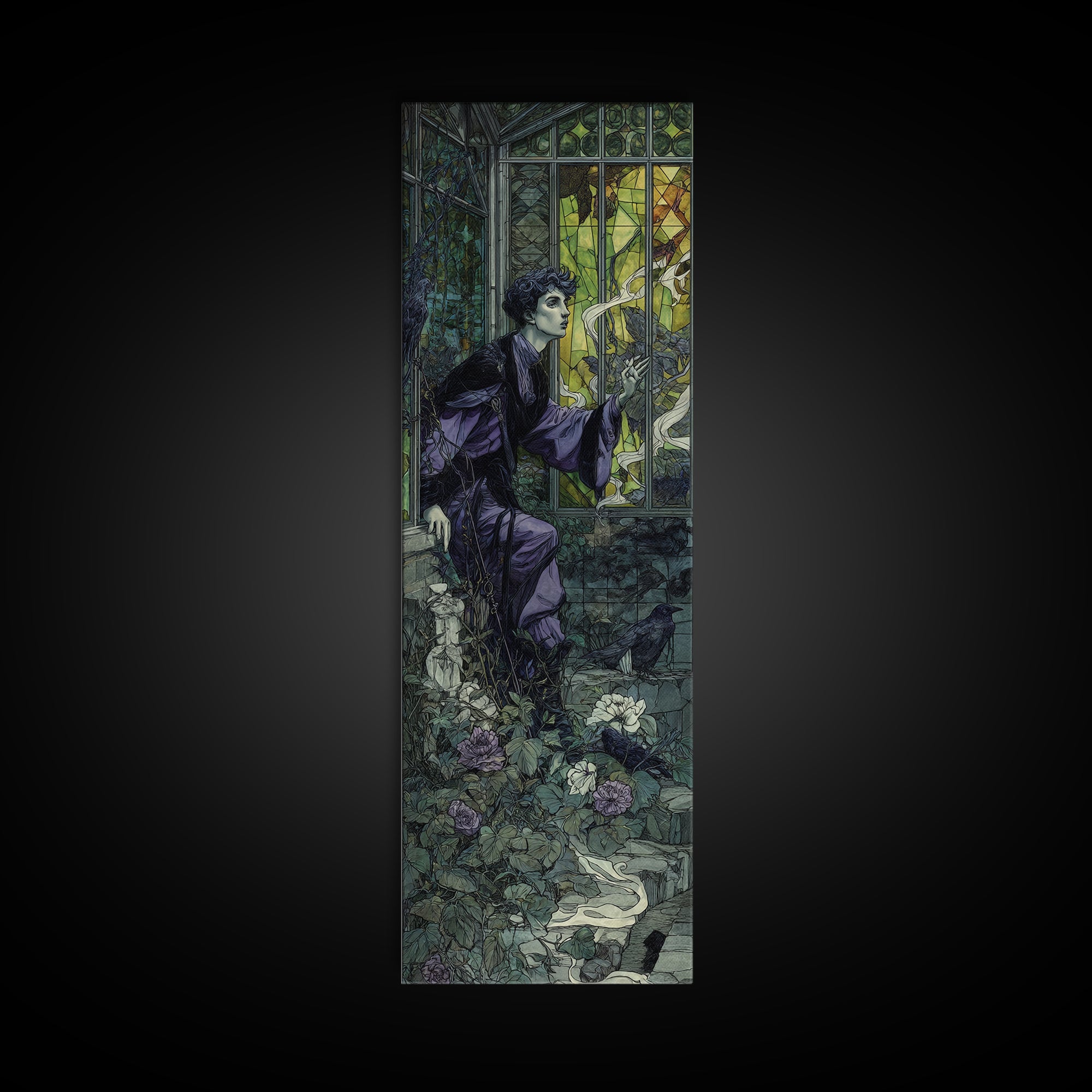 The Cemetery Greenhouse, Stained Glass Gothic Art, Tall Narrow Wall Art, Dark Halloween Decor, Framed Canvas Print, Halloween Wall Art