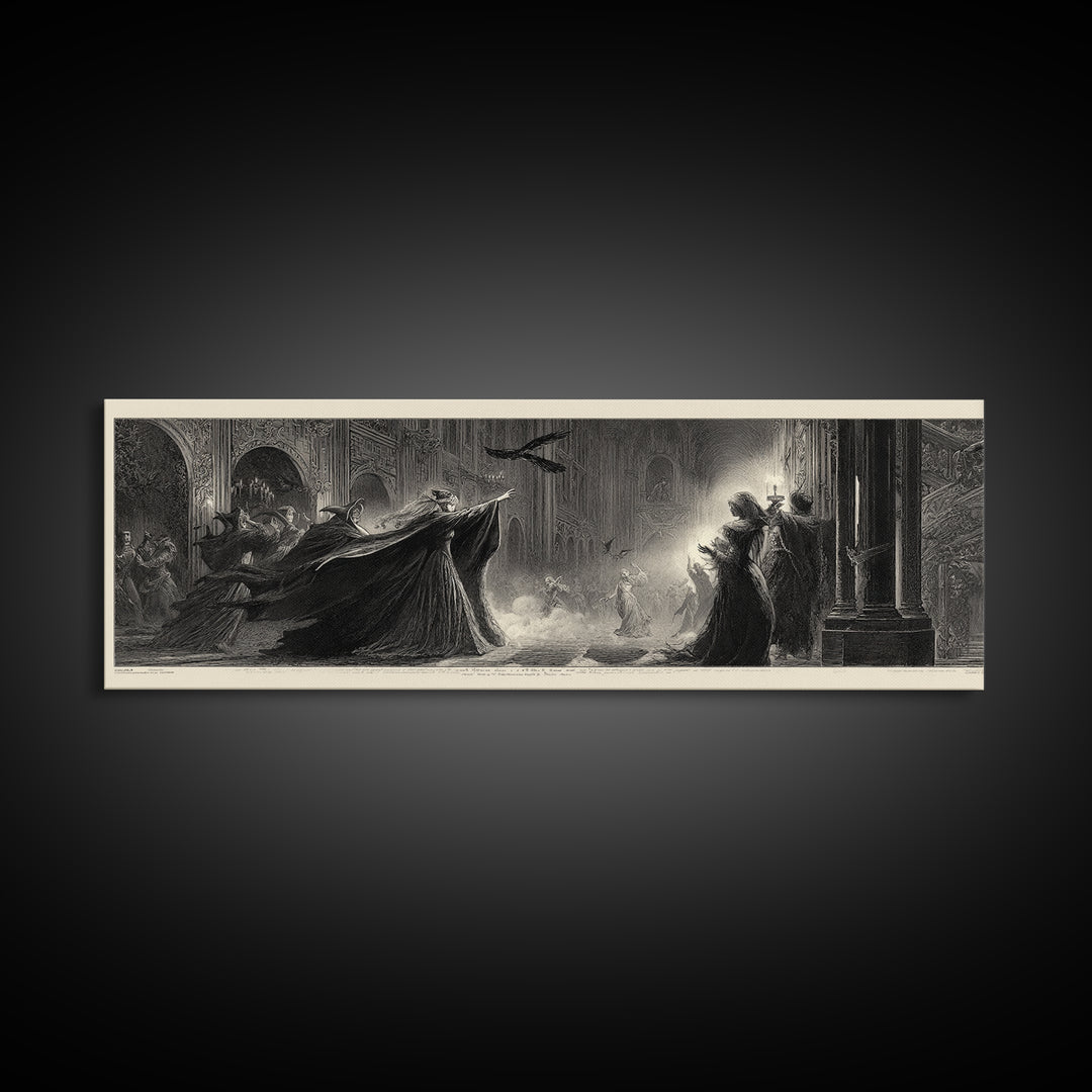 The Midnight Masquerade, Gothic Engraving Art, Extra Wide Wall Art, Dark Fantasy Wall Art, Canvas Print, Halloween Wall Art