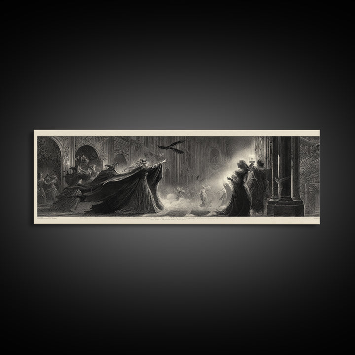The Midnight Masquerade, Gothic Engraving Art, Extra Wide Wall Art, Dark Fantasy Wall Art, Canvas Print, Halloween Wall Art