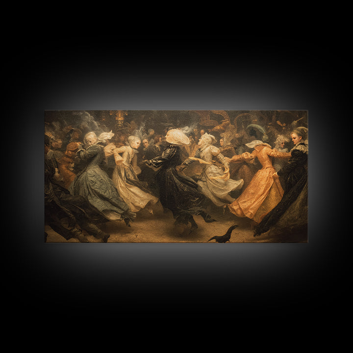 The Midnight Masquerade, Medieval Grotesque Art, Wide Panoramic Art, Gothic Horror Wall Art, Framed Canvas Print, Halloween Wall Art