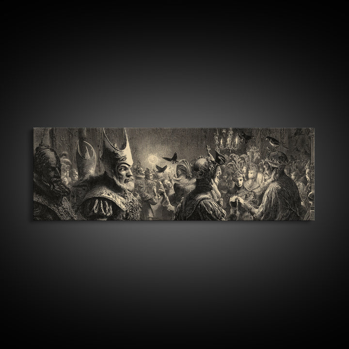 The Midnight Masquerade, Renaissance Engraving Art, Extra Wide Wall Art, Dark Fantasy Wall Art, Framed Canvas Print, Halloween Wall Art