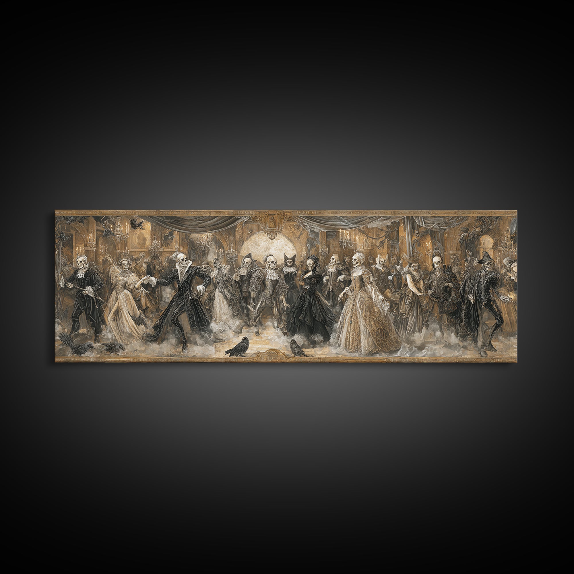 The Midnight Masquerade, Danse Macabre Art, Extra Wide Wall Art, Macabre Wall Art, Canvas Print, Halloween Wall Art