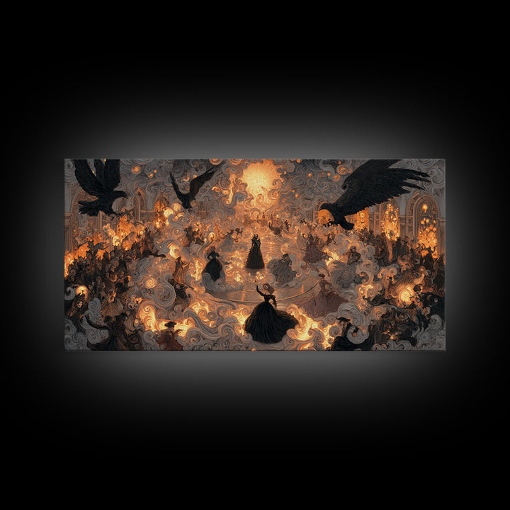 The Midnight Masquerade, Visionary Gothic Art, Wide Panoramic Art, Gothic Horror Wall Art, Framed Canvas Print, Halloween Wall Art