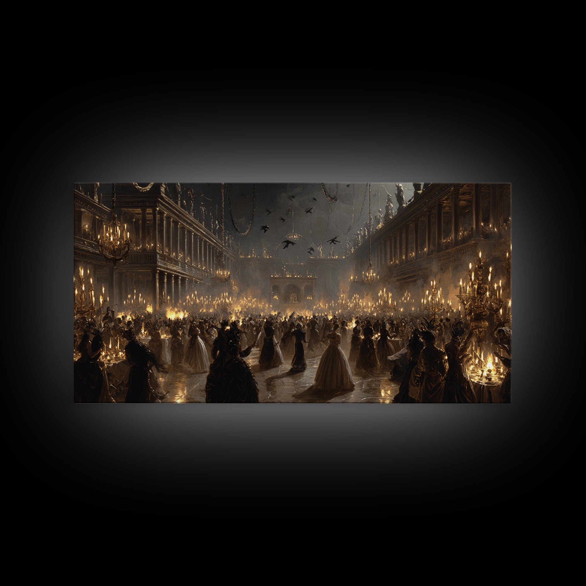 The Midnight Masquerade, Architectural Etching Art, Wide Panoramic Art, Macabre Wall Art, Canvas Print, Halloween Wall Art
