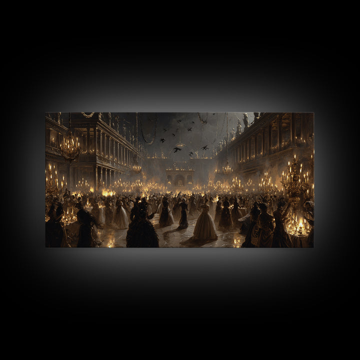 The Midnight Masquerade, Architectural Etching Art, Wide Panoramic Art, Macabre Wall Art, Canvas Print, Halloween Wall Art