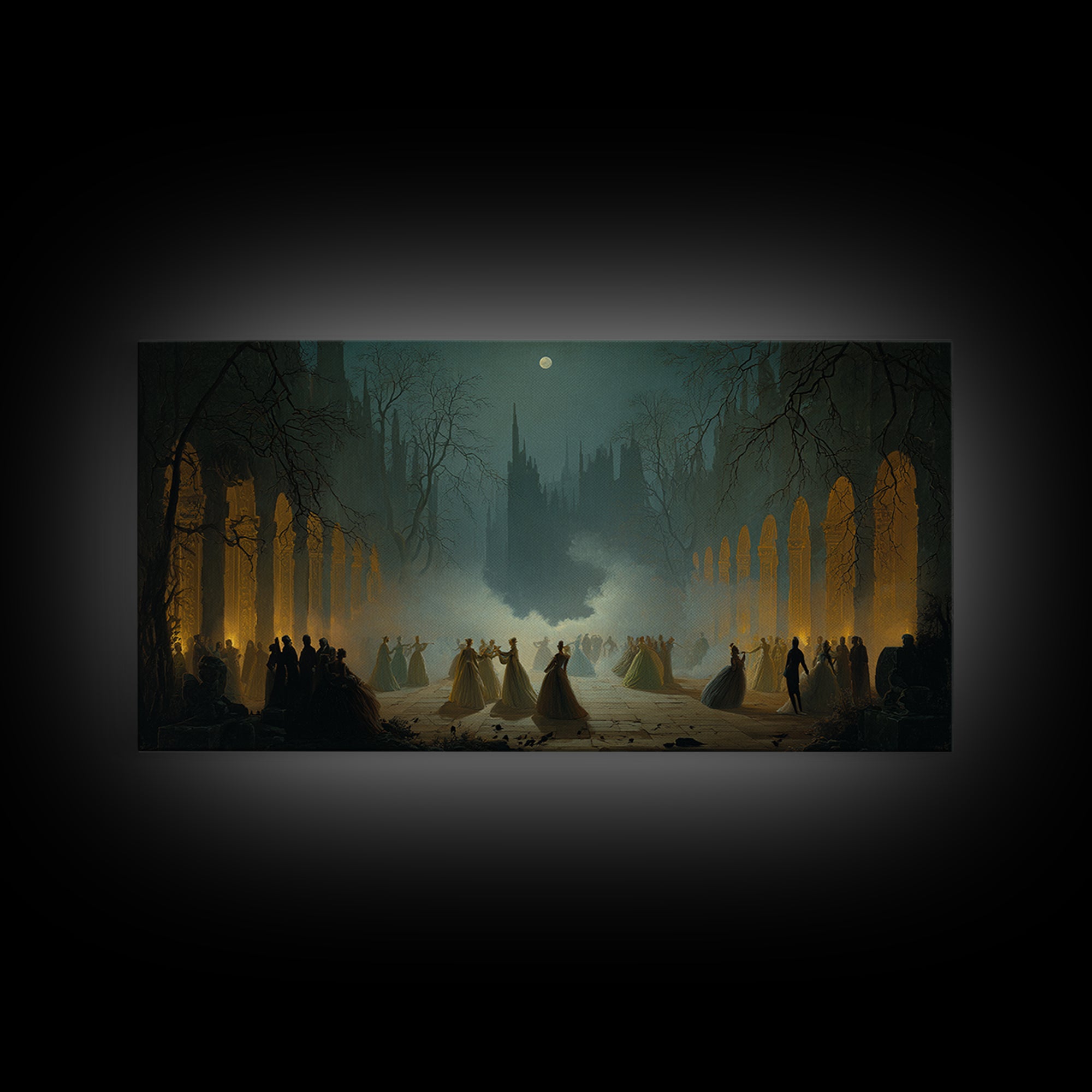 The Midnight Masquerade, Romantic Gothic Landscape, Wide Panoramic Art, Dark Fantasy Wall Art, Canvas Print, Halloween Wall Art