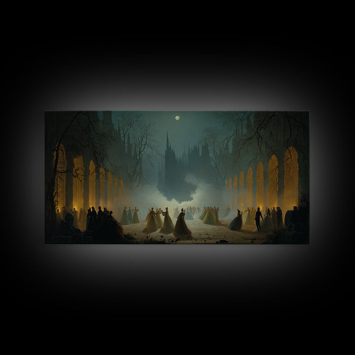 The Midnight Masquerade, Romantic Gothic Landscape, Wide Panoramic Art, Dark Fantasy Wall Art, Canvas Print, Halloween Wall Art
