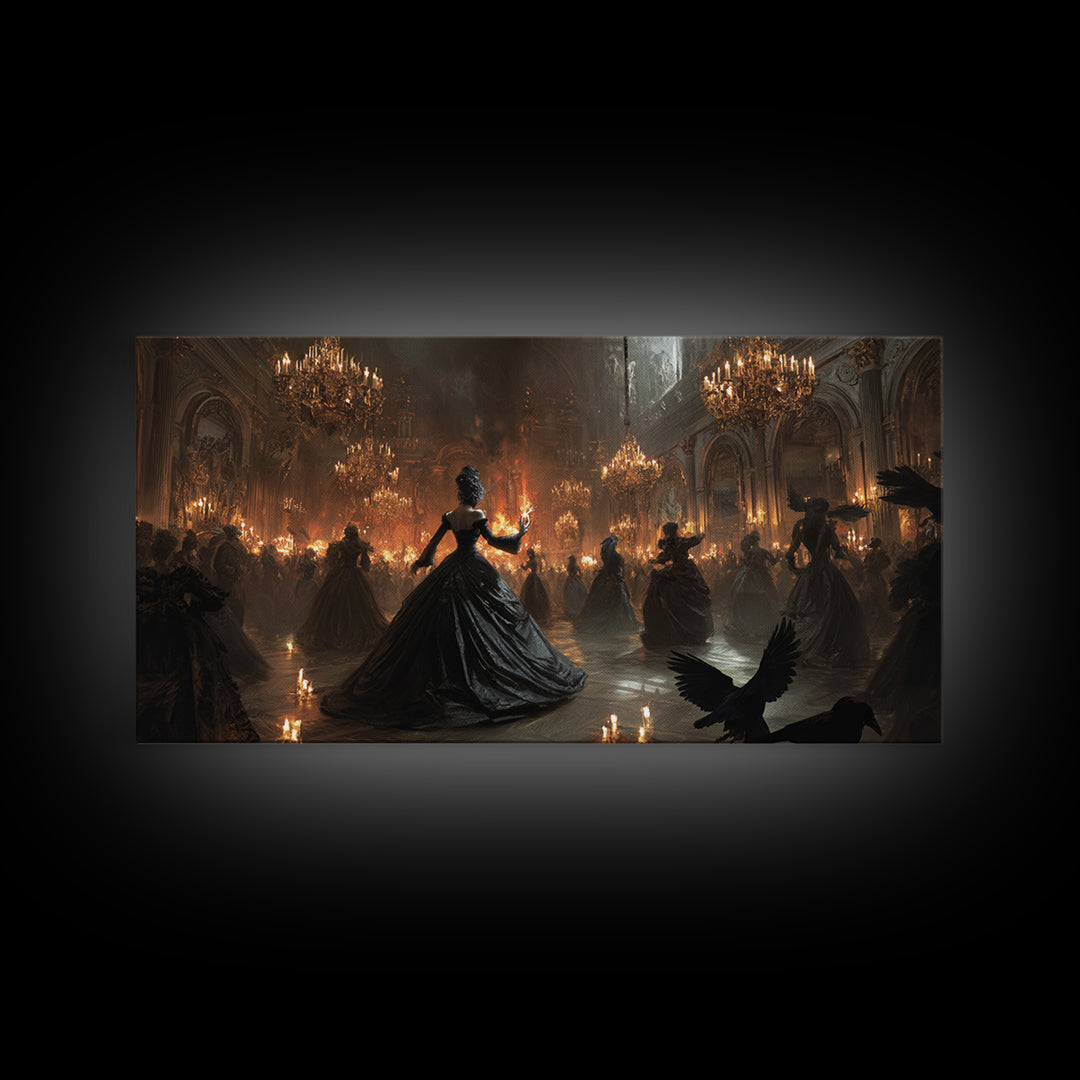 The Midnight Masquerade, Apocalyptic Romantic Art, Wide Panoramic Art, Gothic Horror Wall Art, Framed Canvas Print, Halloween Wall Art