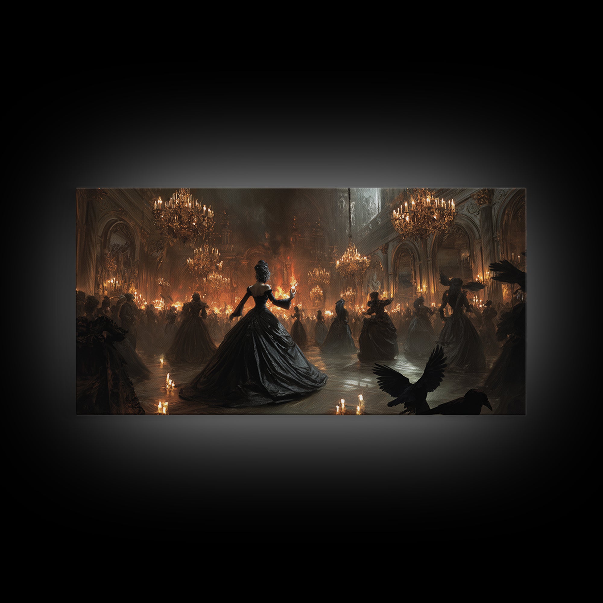 The Midnight Masquerade, Apocalyptic Romantic Art, Wide Panoramic Art, Gothic Horror Wall Art, Framed Canvas Print, Halloween Wall Art