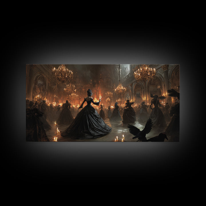 The Midnight Masquerade, Apocalyptic Romantic Art, Wide Panoramic Art, Gothic Horror Wall Art, Framed Canvas Print, Halloween Wall Art