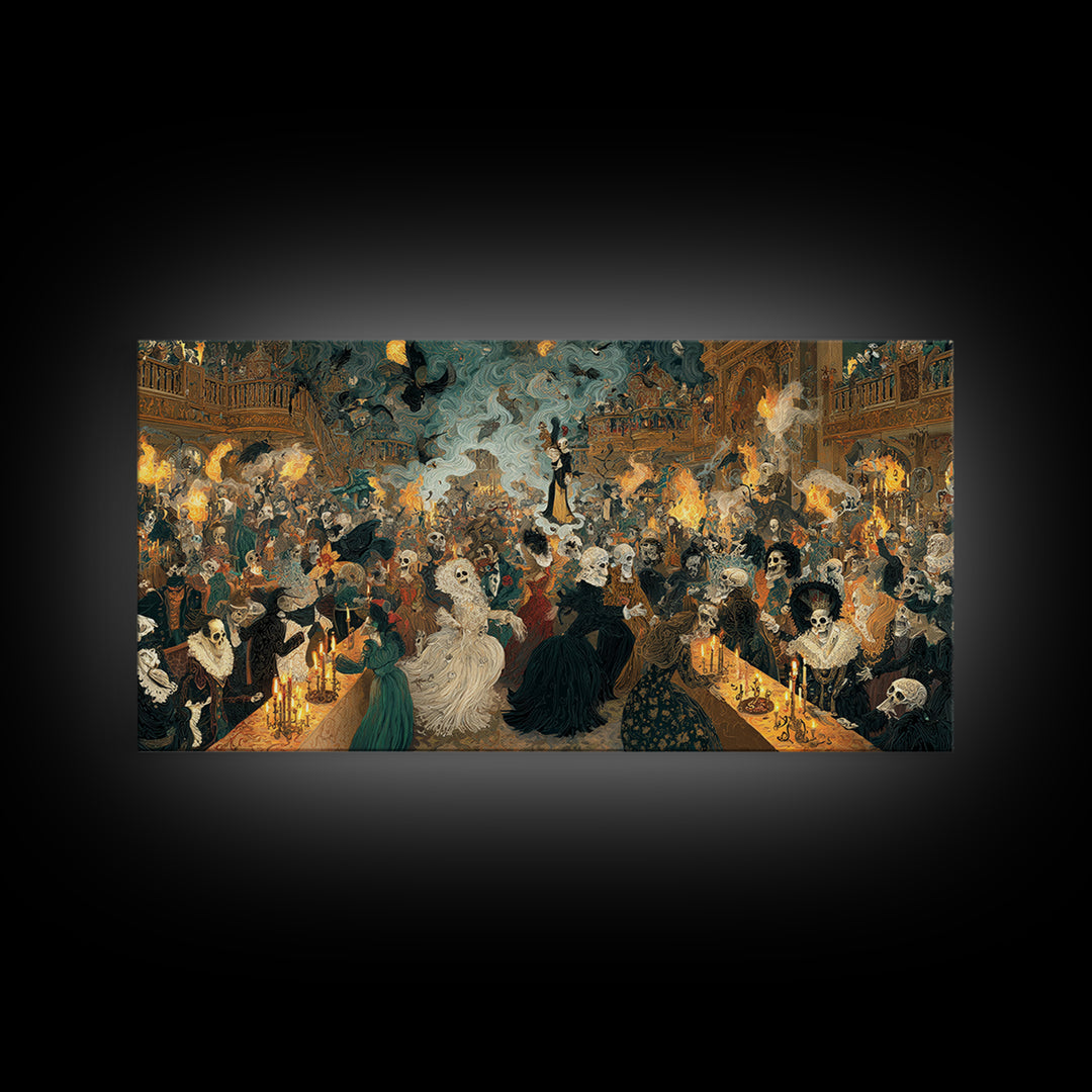 The Midnight Masquerade, Grotesque Carnival Art, Wide Panoramic Art, Dark Fantasy Wall Art, Framed Canvas Print, Halloween Wall Art