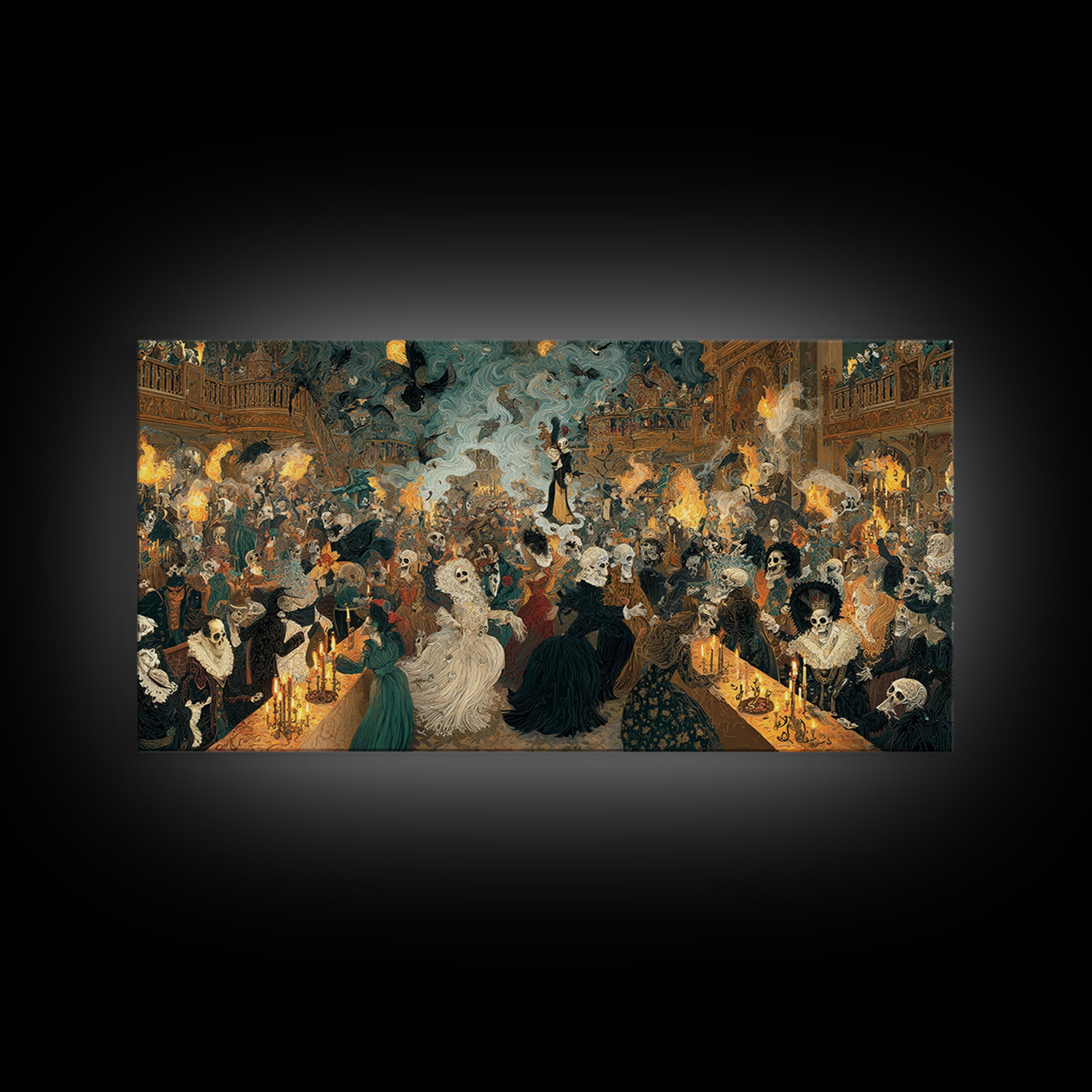 The Midnight Masquerade, Grotesque Carnival Art, Wide Panoramic Art, Dark Fantasy Wall Art, Framed Canvas Print, Halloween Wall Art
