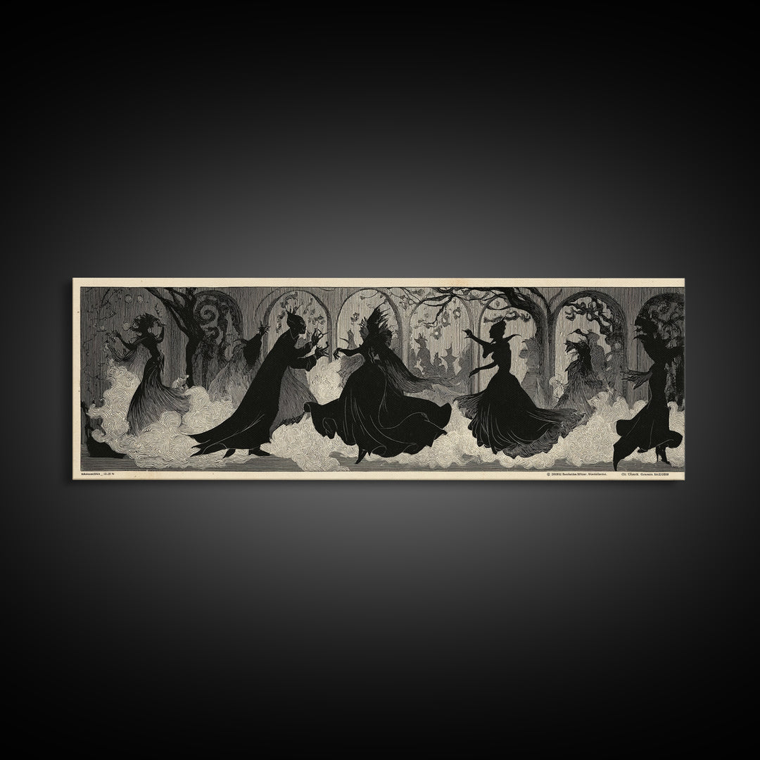 The Midnight Masquerade, Decadent Line Art, Extra Wide Wall Art, Macabre Wall Art, Framed Canvas Print, Halloween Wall Art