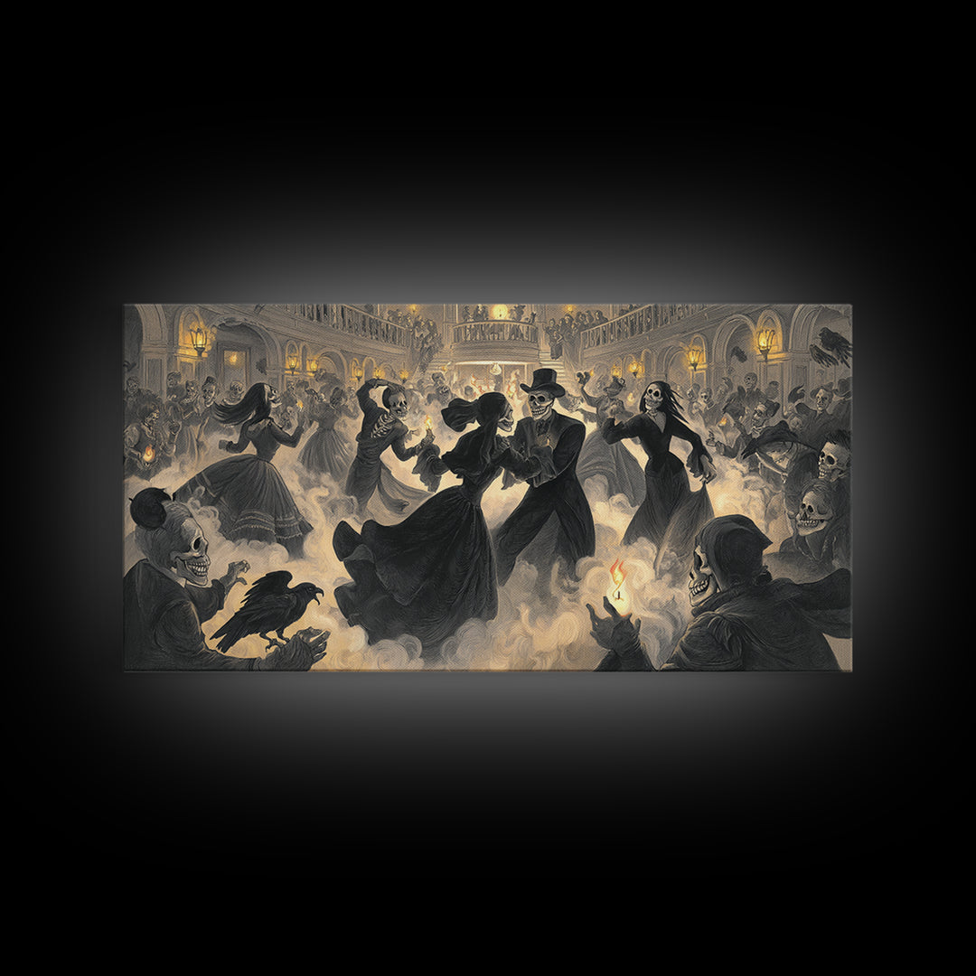 The Midnight Masquerade, Macabre Folk Print Art, Wide Panoramic Art, Gothic Horror Wall Art, Framed Canvas Print