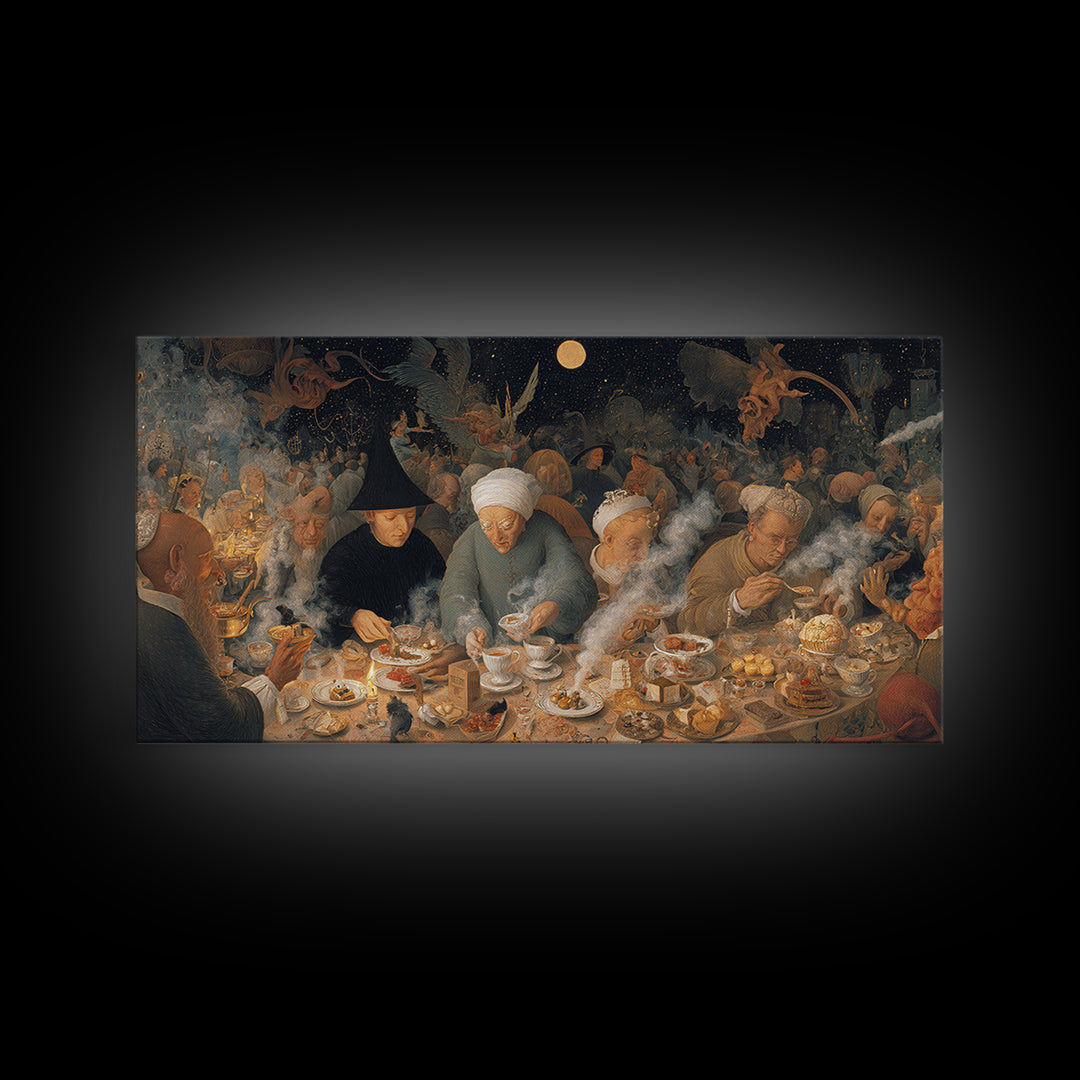 The Witches' Tea Party, Medieval Grotesque Art, Wide Panoramic Art, Macabre Wall Art, Canvas Print, Halloween Wall Art