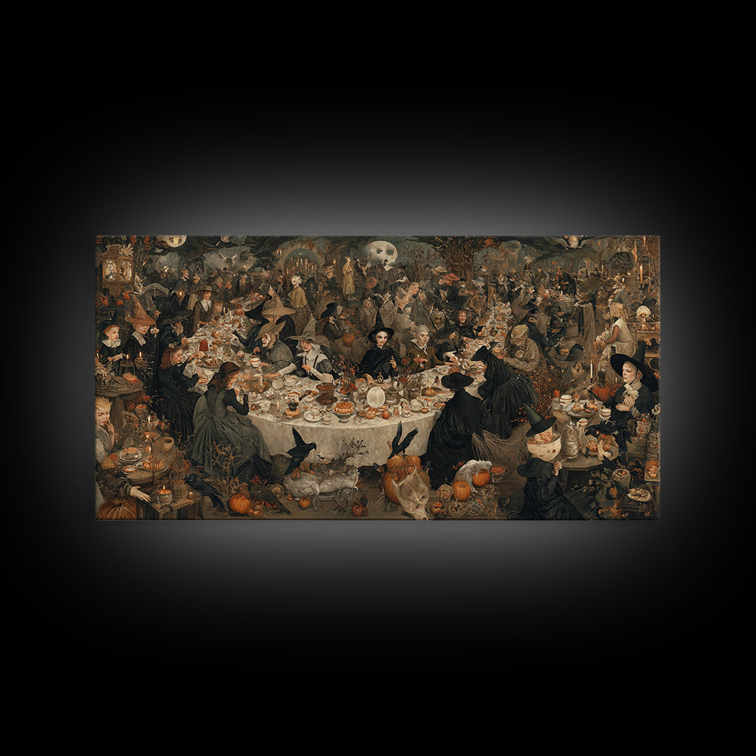 The Witches' Tea Party, Northern Renaissance Horror, Wide Panoramic Art, Gothic Horror Wall Art, Framed Canvas Print